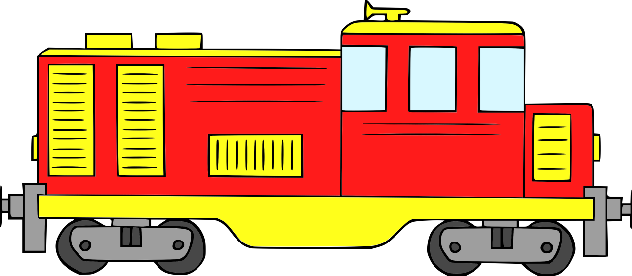 Autorská ilustrace vlaku červená motorová lokomotiva mašinka Hravé stroje